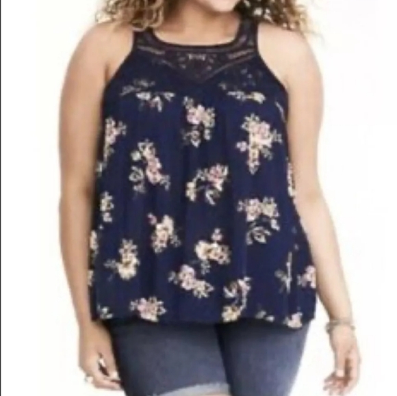 Torrid Top Babydoll Tank Crochet Gauzy Blue Floral Rayon Size 00 (Medium 10) - Picture 1 of 6